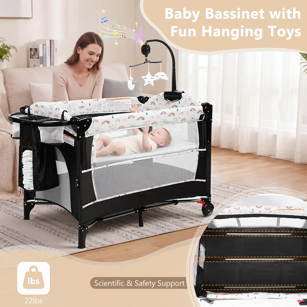 4 in 1 Portable Baby Playard, Baby Bedside Crib, Multicolour