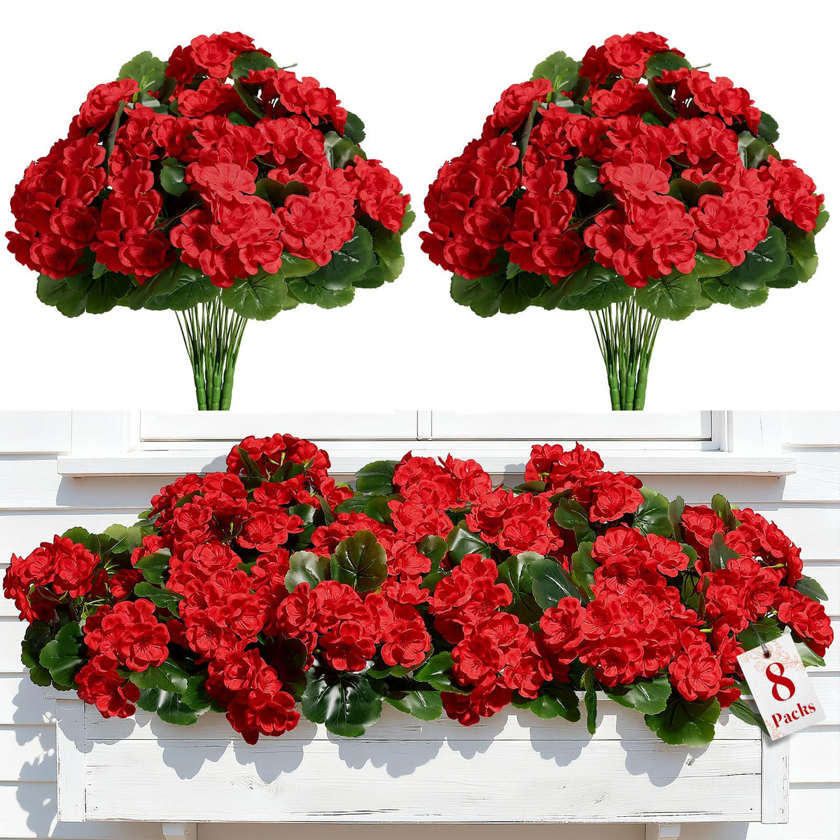 8Pcs Artificial Geranium Flowers for Outdoors Decoration Silk Floral, UV Resistant Fake Plants, Faux Flower for Porch
