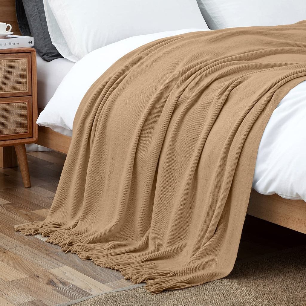 Light Brown Knitted Blanket with Tassels Fringe 50" x 60"