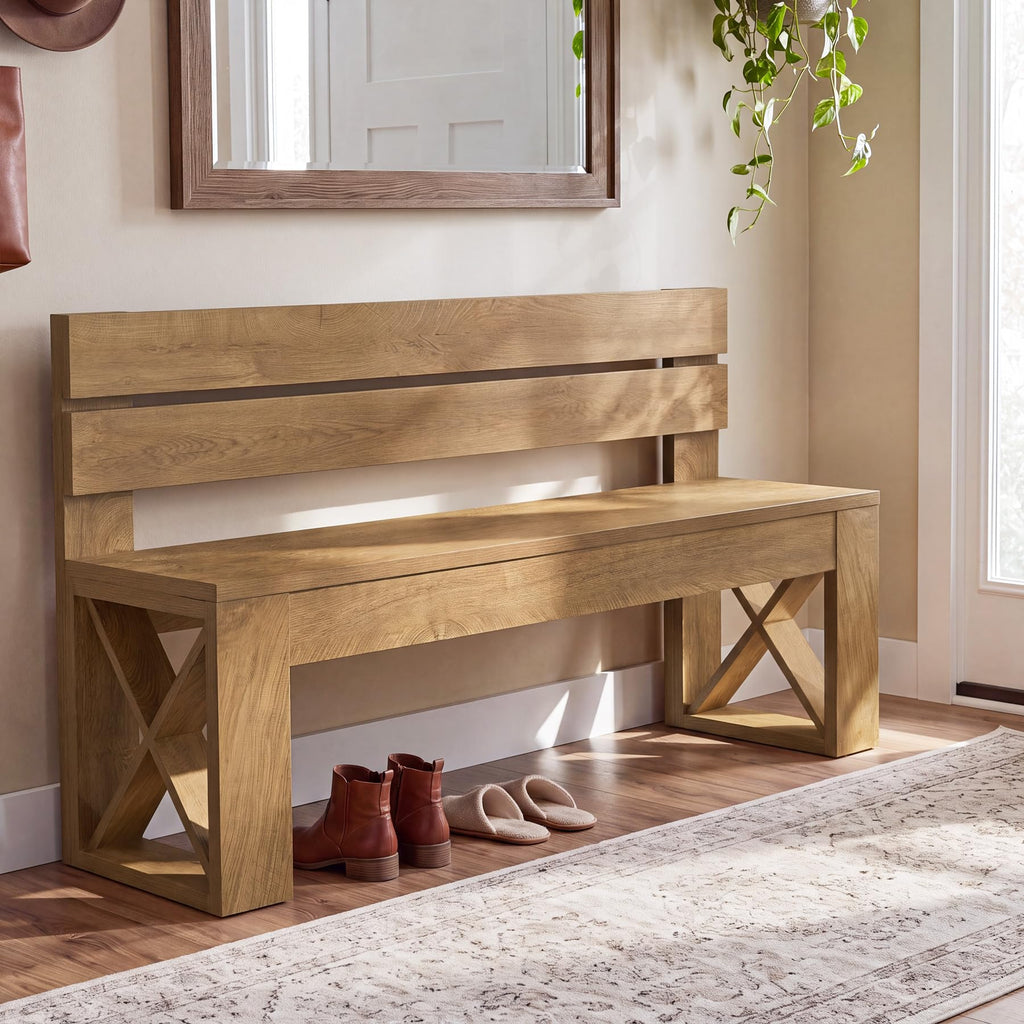 47" Entryway Bench with Backrest, Farmhouse Indoor Shoe Bench