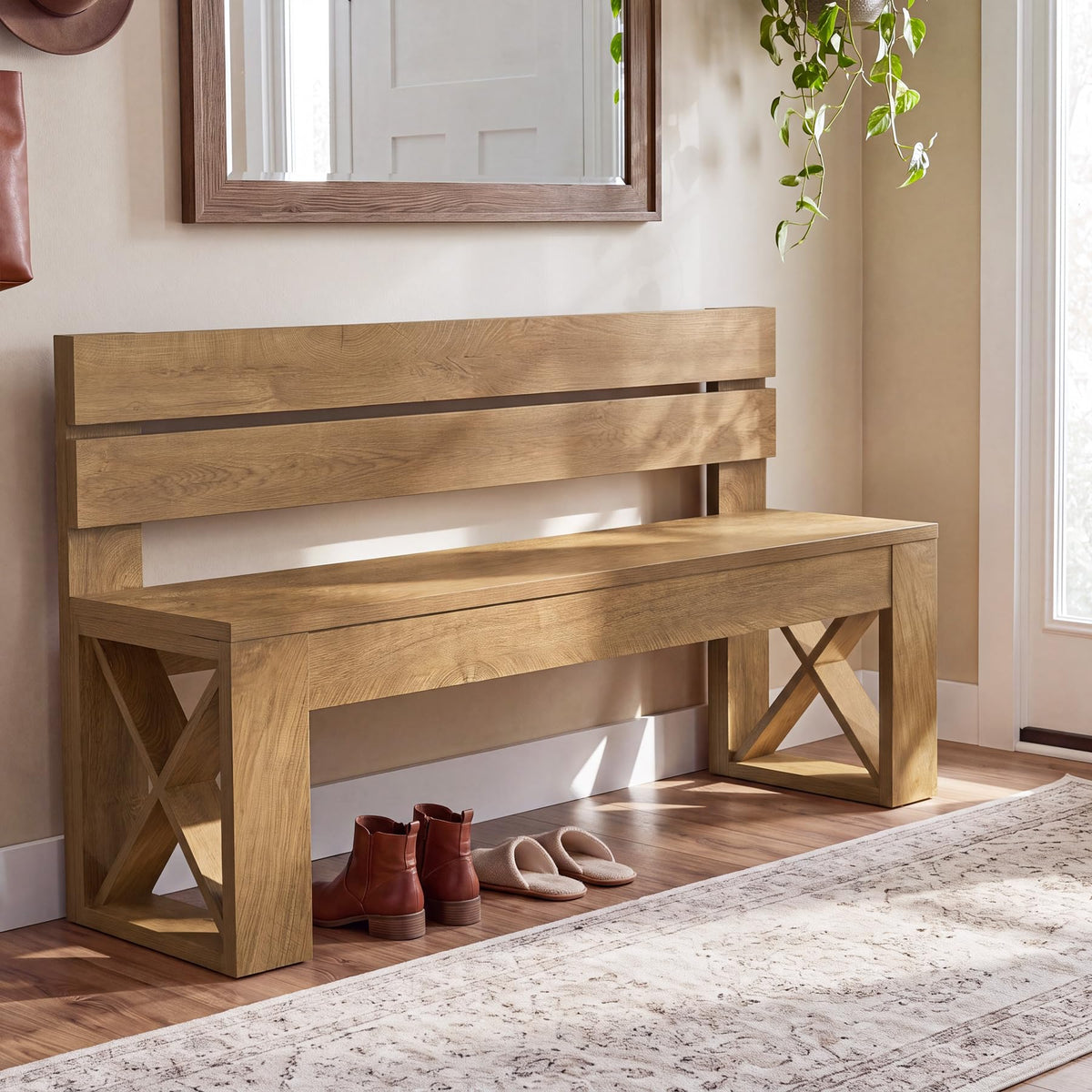 47" Entryway Bench with Backrest, Farmhouse Indoor Shoe Bench