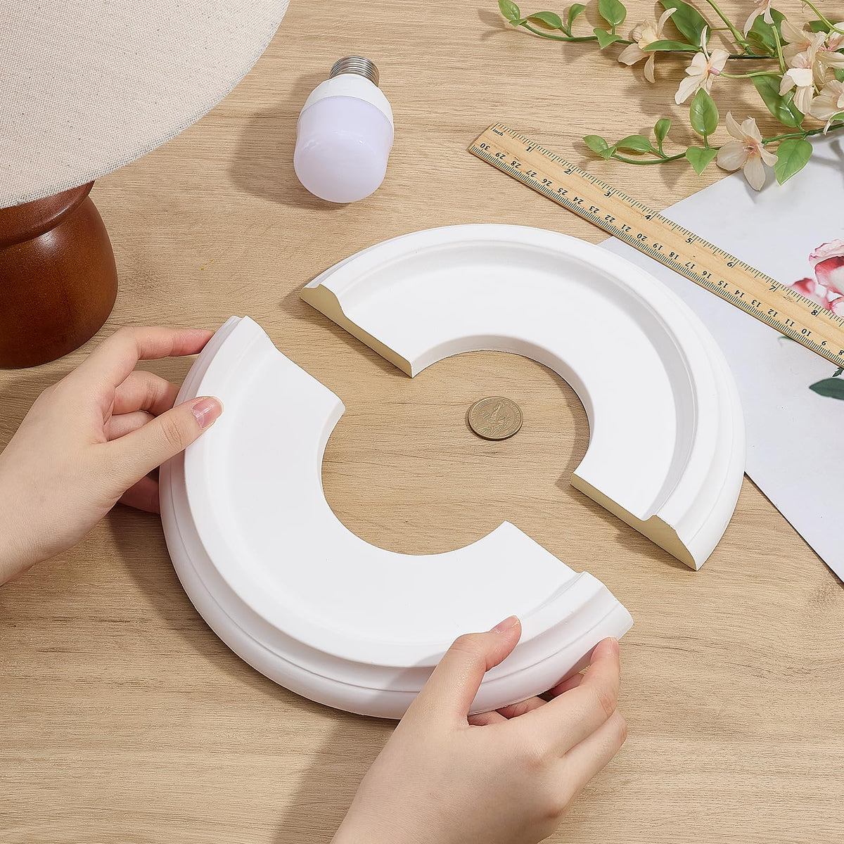 White Split Ceiling Medallions for Light Fixtures 10" OD x 4" ID PU Ceiling Light Cover Round Ring Decorative Ceiling