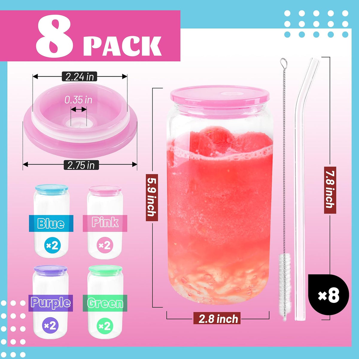 8pcs 16 oz Glass Cups with Acrylic Lids and Straws Can Shaped Iced Coffee Glasses Cute Tumbler Set Drinking Jars for Smoothie Soda Boba Beer Party Housewarming Gifts