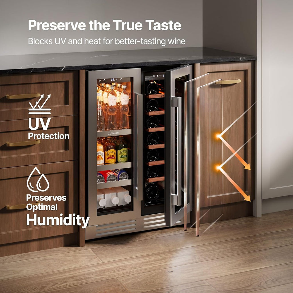 24 Inch Wine and Beverage Refrigerator, 60 Cans 20 Bottles Dual Zone Cooler with Glass Door, 3 LED Built