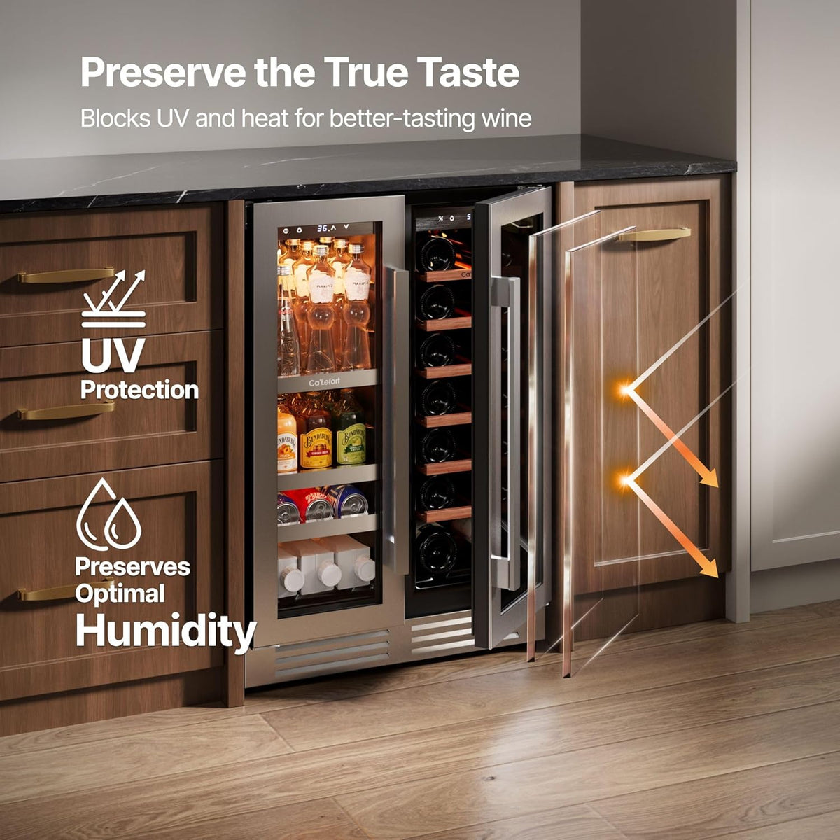 24 Inch Wine and Beverage Refrigerator, 60 Cans 20 Bottles Dual Zone Cooler with Glass Door, 3 LED Built