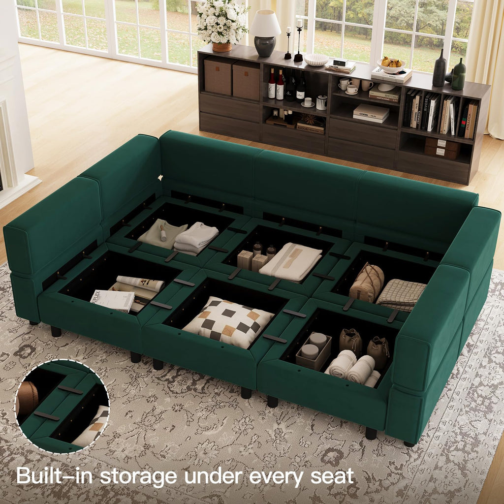 Modular Velvet Sectional Sofa with Chaise Lounge Sectional Sleeper Sofa with Storage Chaise Bed Couch Green
