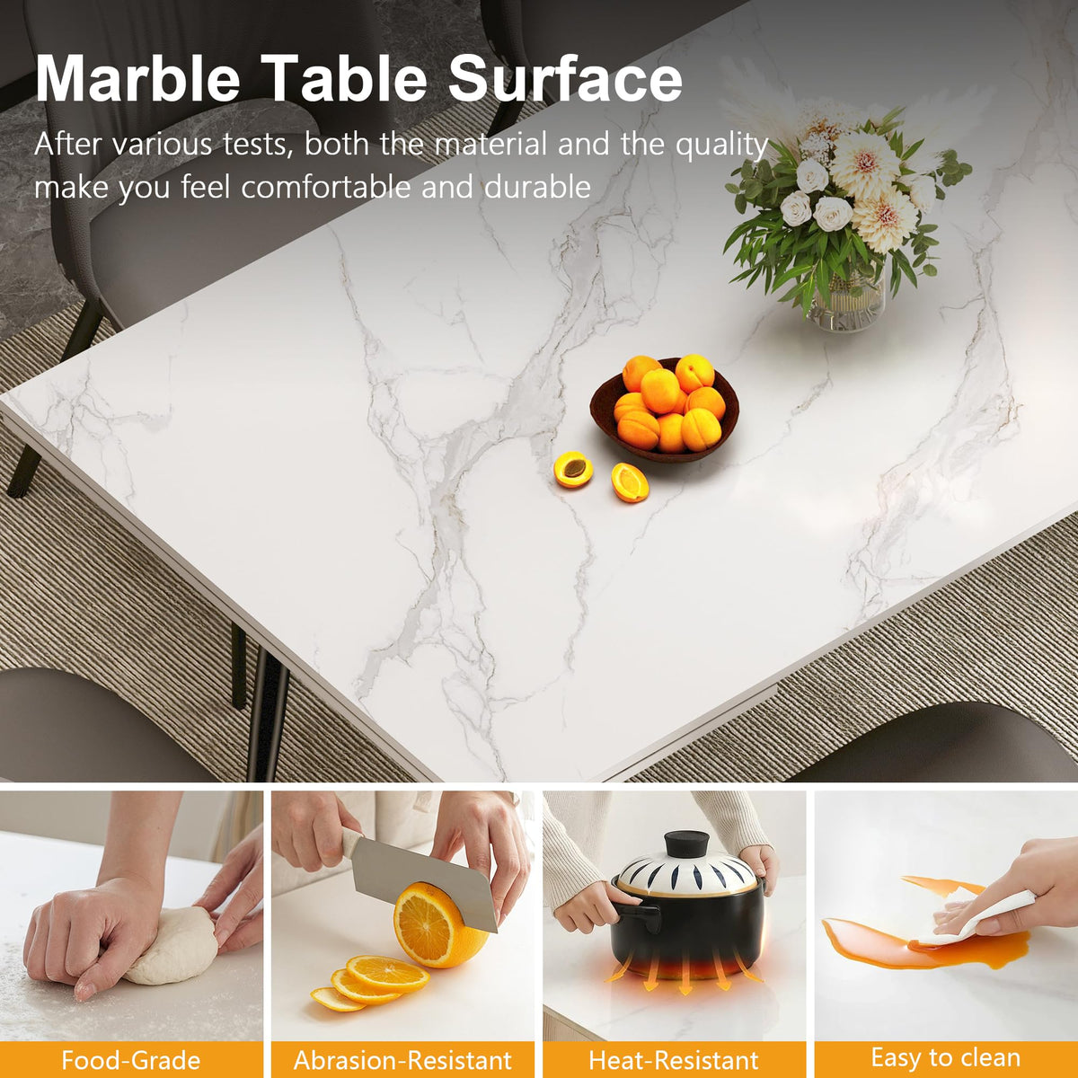 62.9"-94.4" Extendable Dining Table, White Sintered Stone Top
