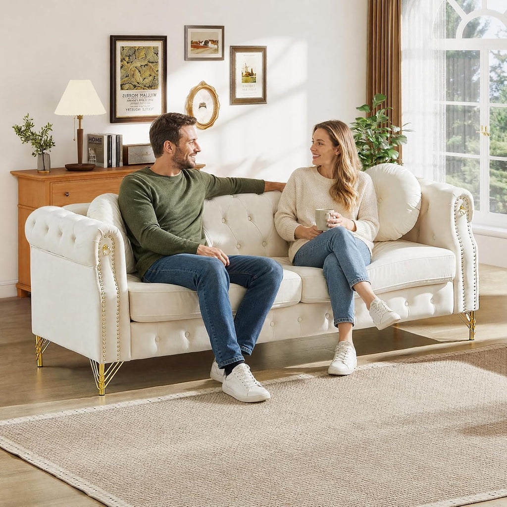 82" Velvet Chesterfield 3-Seater Sofa with Rolled Arms & Nailhead Trim, Modern Upholstered Button Tufted Couch with
