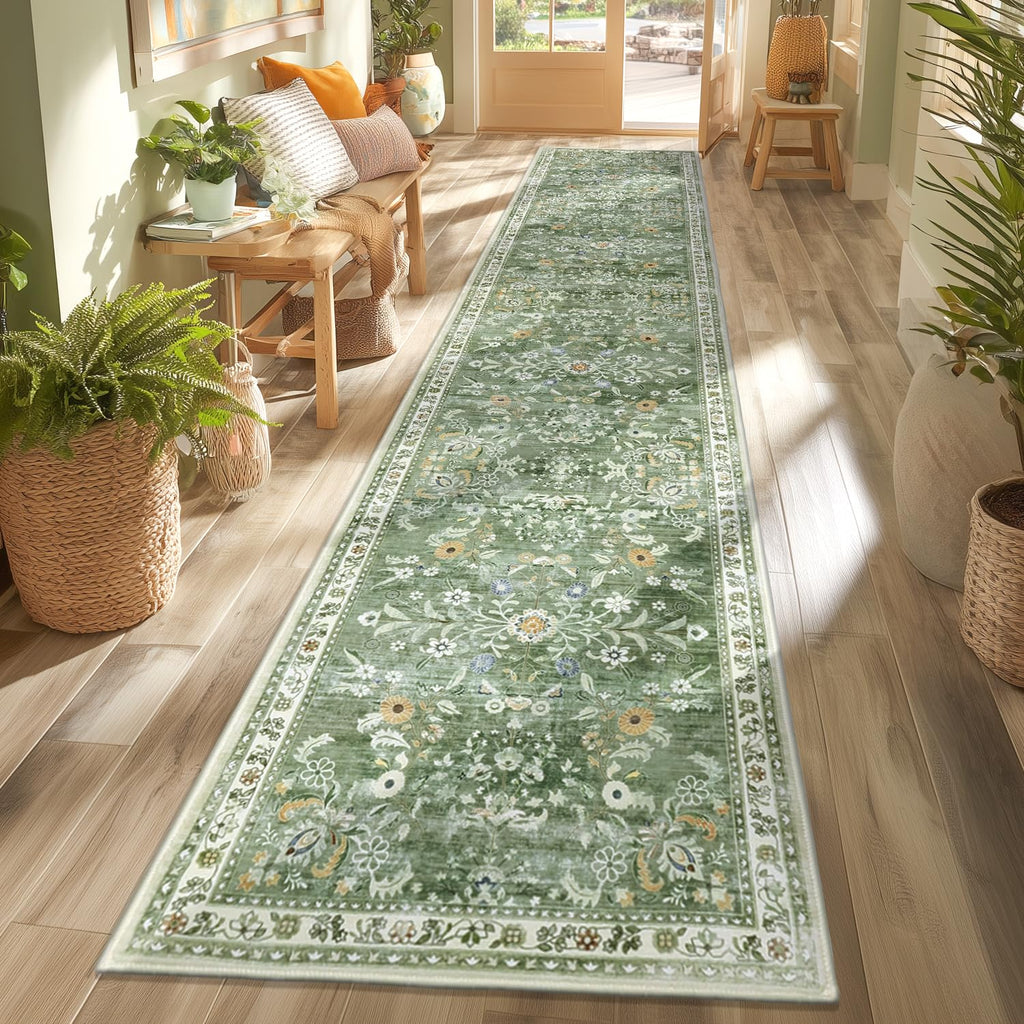 2x12 Washable Hallway Runner Rug Non Slip Floral Carpet, Sage Green