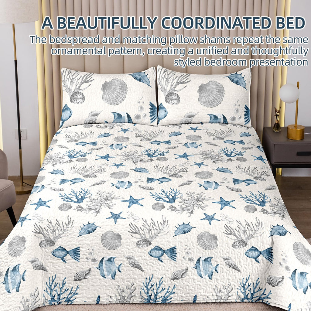 Coastal Blue Quilt Set, Coral Fish Starfish and Seashell Bedspread with 1 Pillow Sham, 68 x 88 Inches