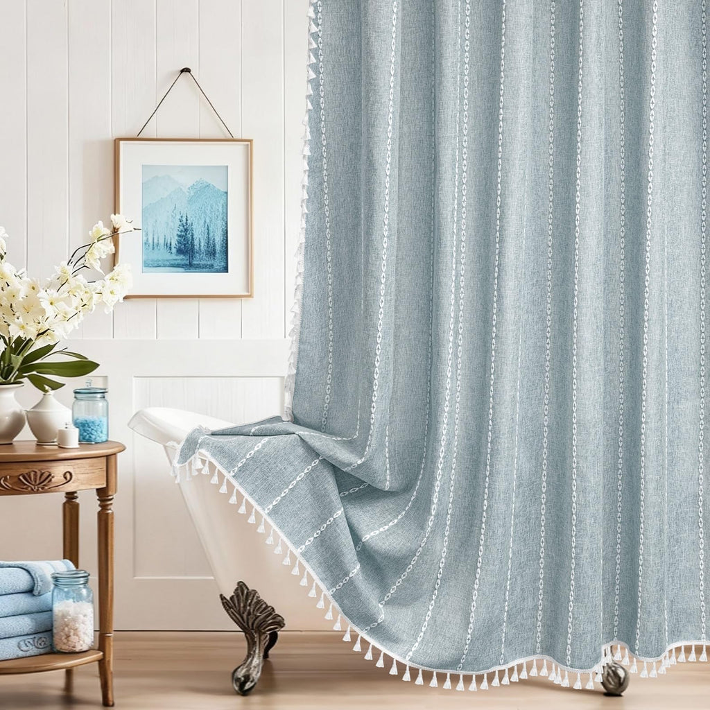72 x 76 inch Extra Long Boho Chic Shower Curtain Heavyweight with Tassels, Soft Linen Textured Fabric Farmhouse