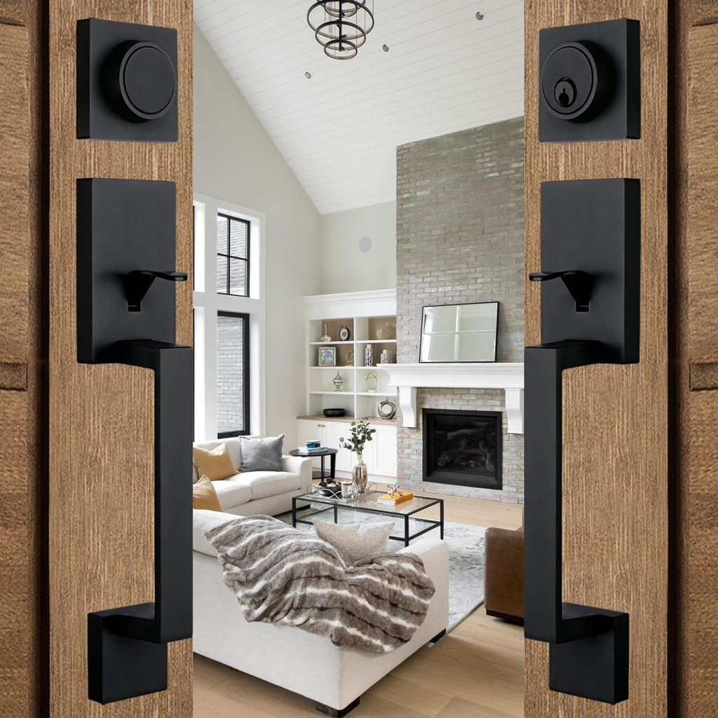 Front Double Door Traditional Style Keyed Entry Door Handleset with Lever Handle in Matte Black,(Keyed and Dummy