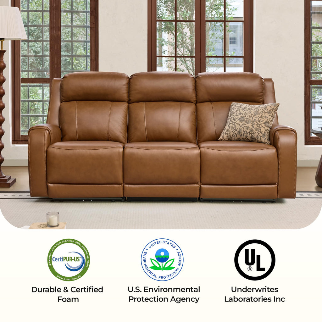 Genuine Leather Power Recliner Sofa, 3 Seater Reclining Sofa, Saddle