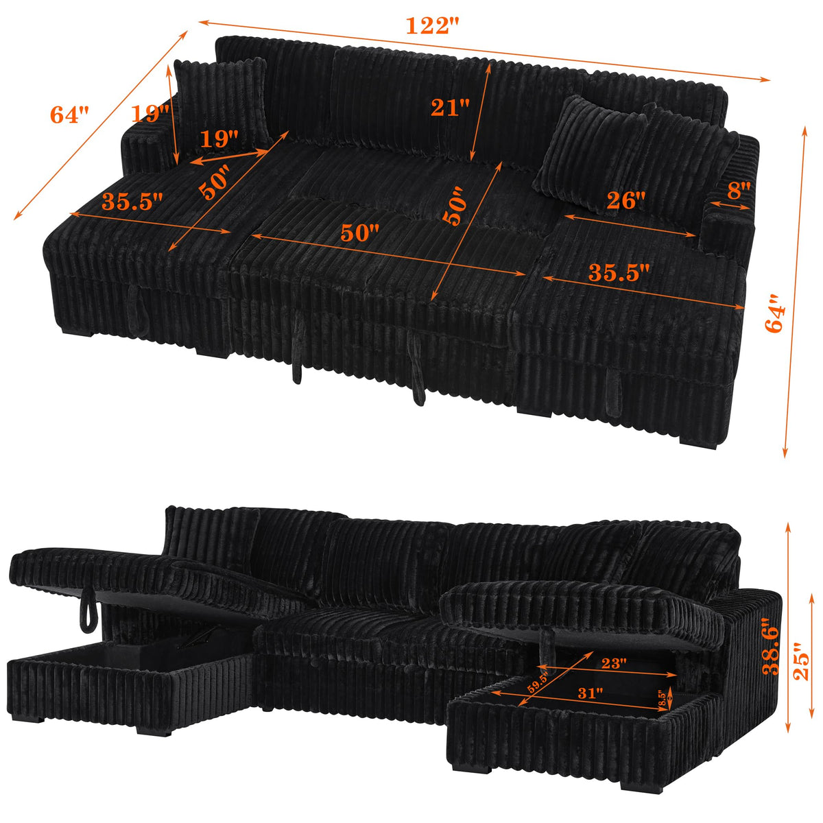 122" Sectional Sleeper Sofa, U Shaped, Black