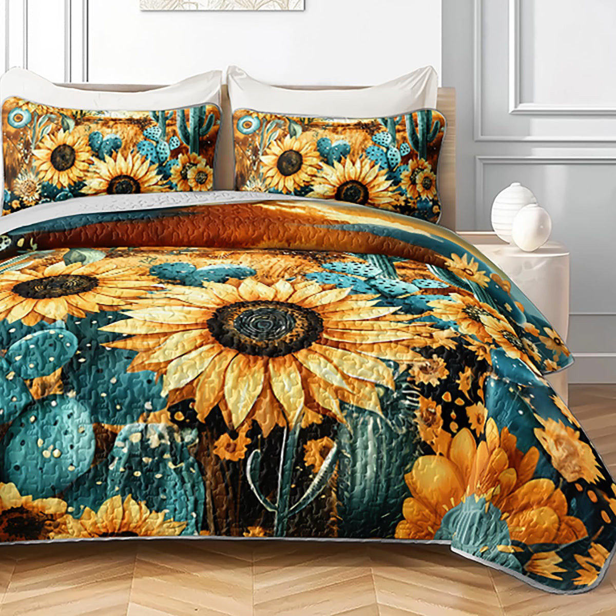 Sunfower Print Quilt Bedding Set, 3-Piece Western Cactus Flower Bedspread Coverlet, Sunset Theme Quilt, 2