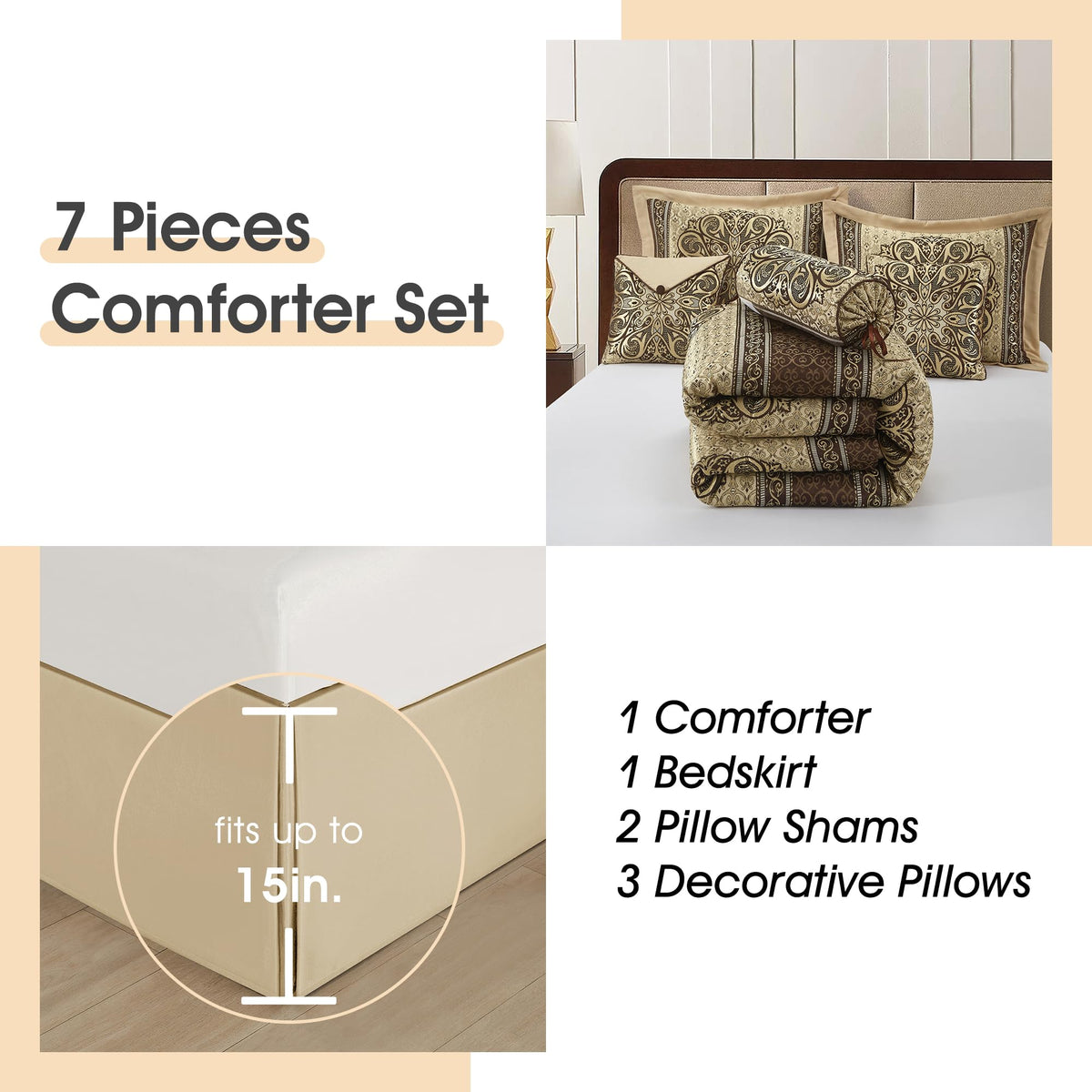 Queen Comforter Set, Brown Medallion Jacquard Design, Luxurious Bohemian 7 Pieces Bedding Set with Decorative Pillows