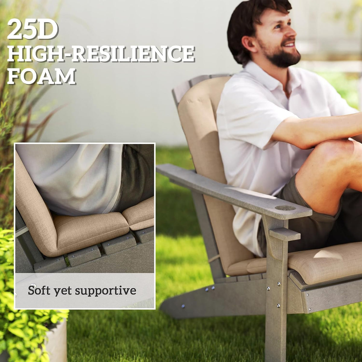 Adirondack Chair Cushion Set of 4, 49" x 20" x 2", Beige | Outdoor Cushions with Ties, 25D High-Density Foam, High