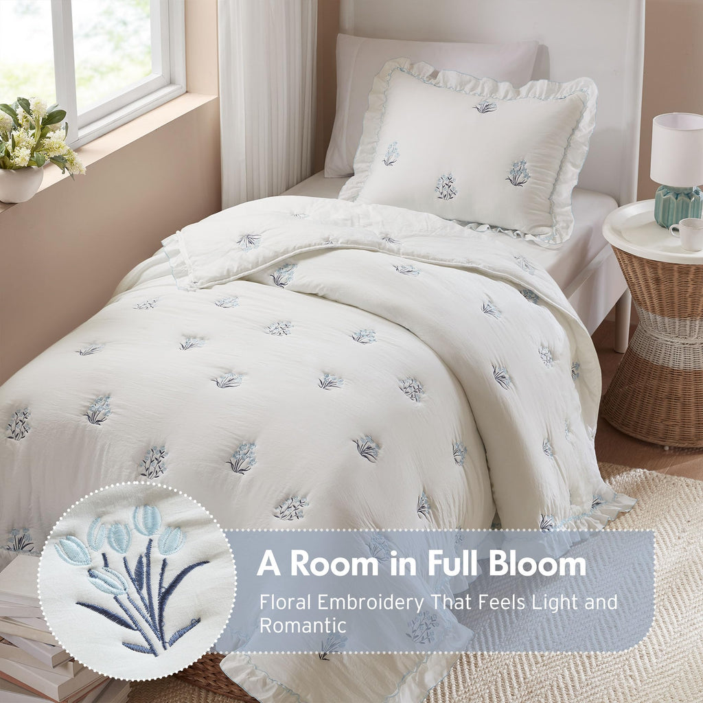 Floral Ruffle Ultra Soft Blue Quilt Set, 2pc