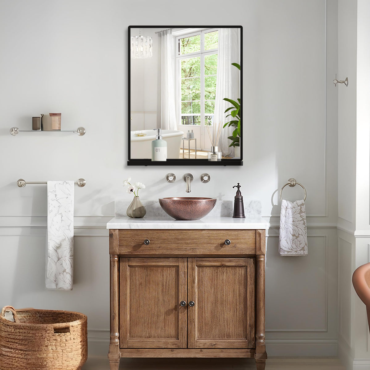 Bathroom Mirror with Shelf, Black Rectangle Wall Mirror Metal Frame, Hanging Horizontal or Vertical (24'' X 20'')