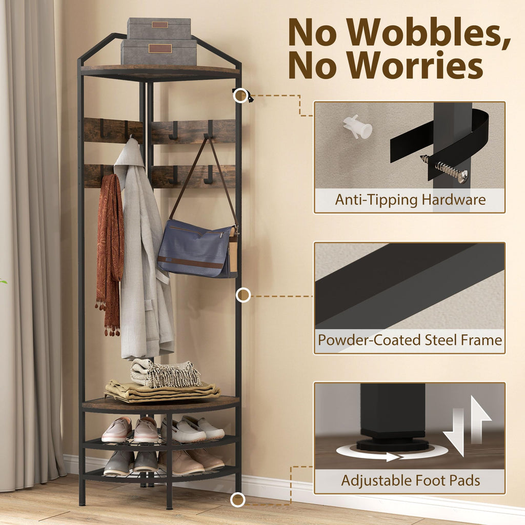 Corner Hall Tree, 4-Tier Coat Rack with Shoe Storage, Rustic Brown