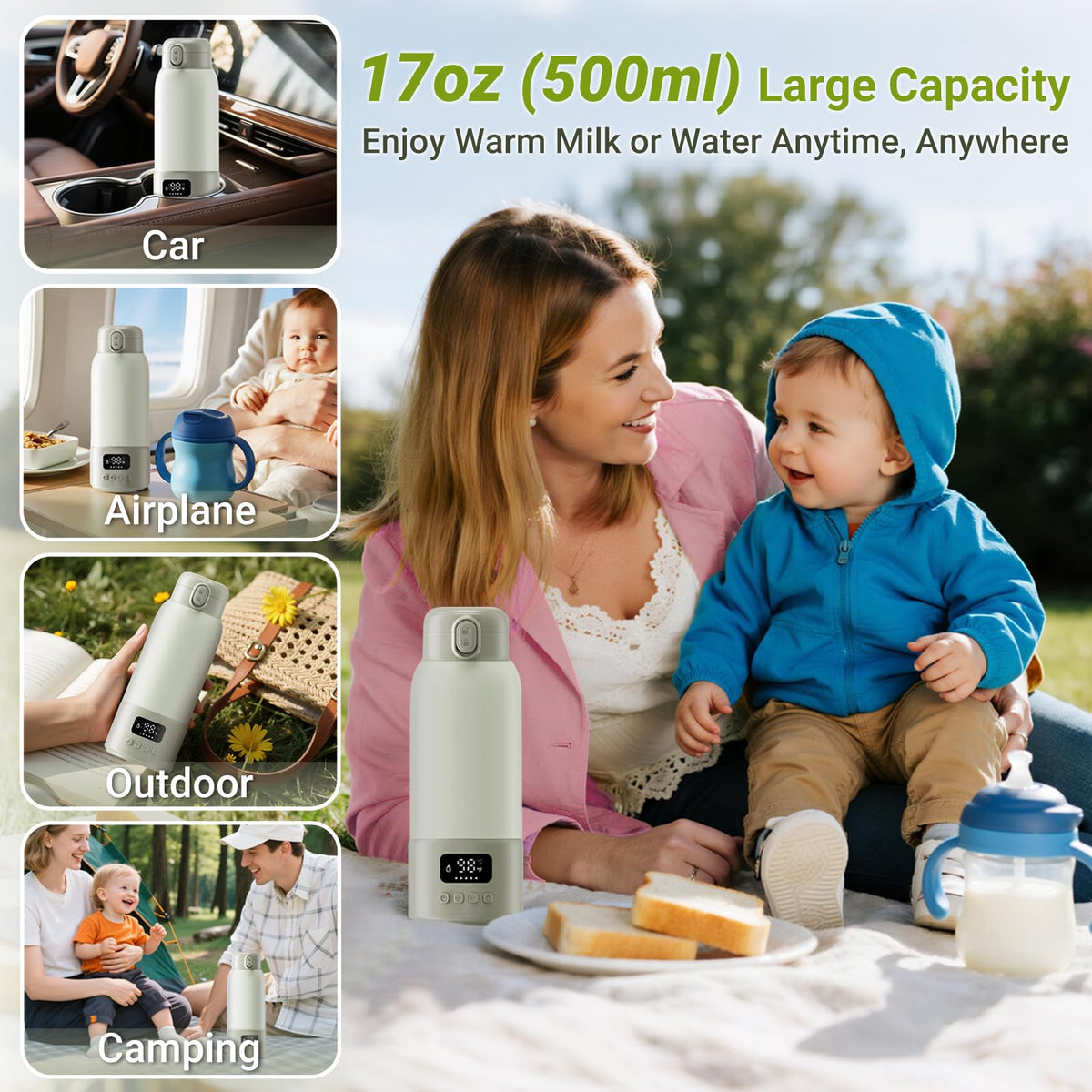 Portable Bottle Warmer, 17oz Large Capacity Milk Warmer for Baby, Fast Heating for Breast Milk & Formula & Water