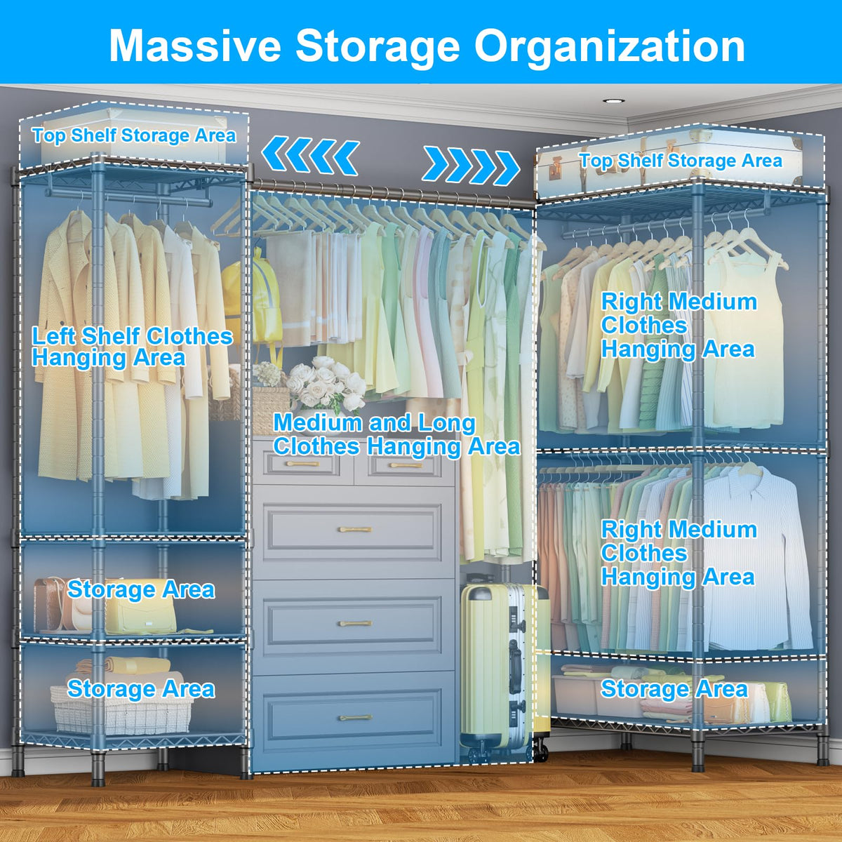 E10L L-Shaped Clothes Rack for Corner(With Expandable Hanger Rod)Heavy Duty Freestanding Clothing Racks for Hanging