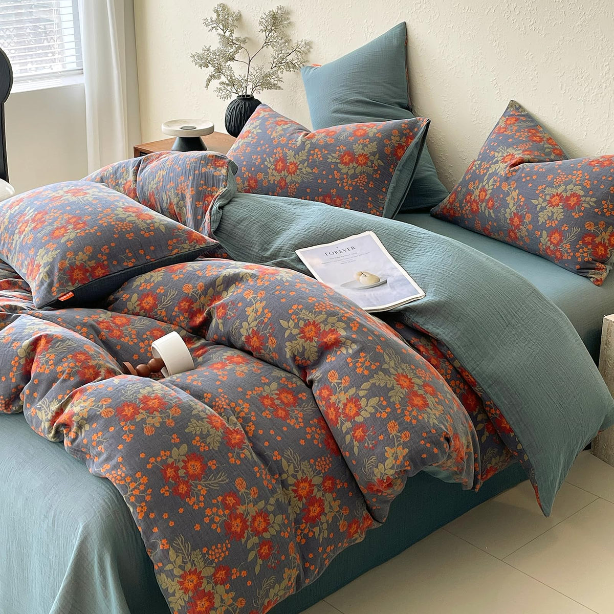 Vintage Garden Floral Duvet Cover King Soft 100% Muslin Cotton Jacquard Texture Bedding Set Chic Vibrant Floral