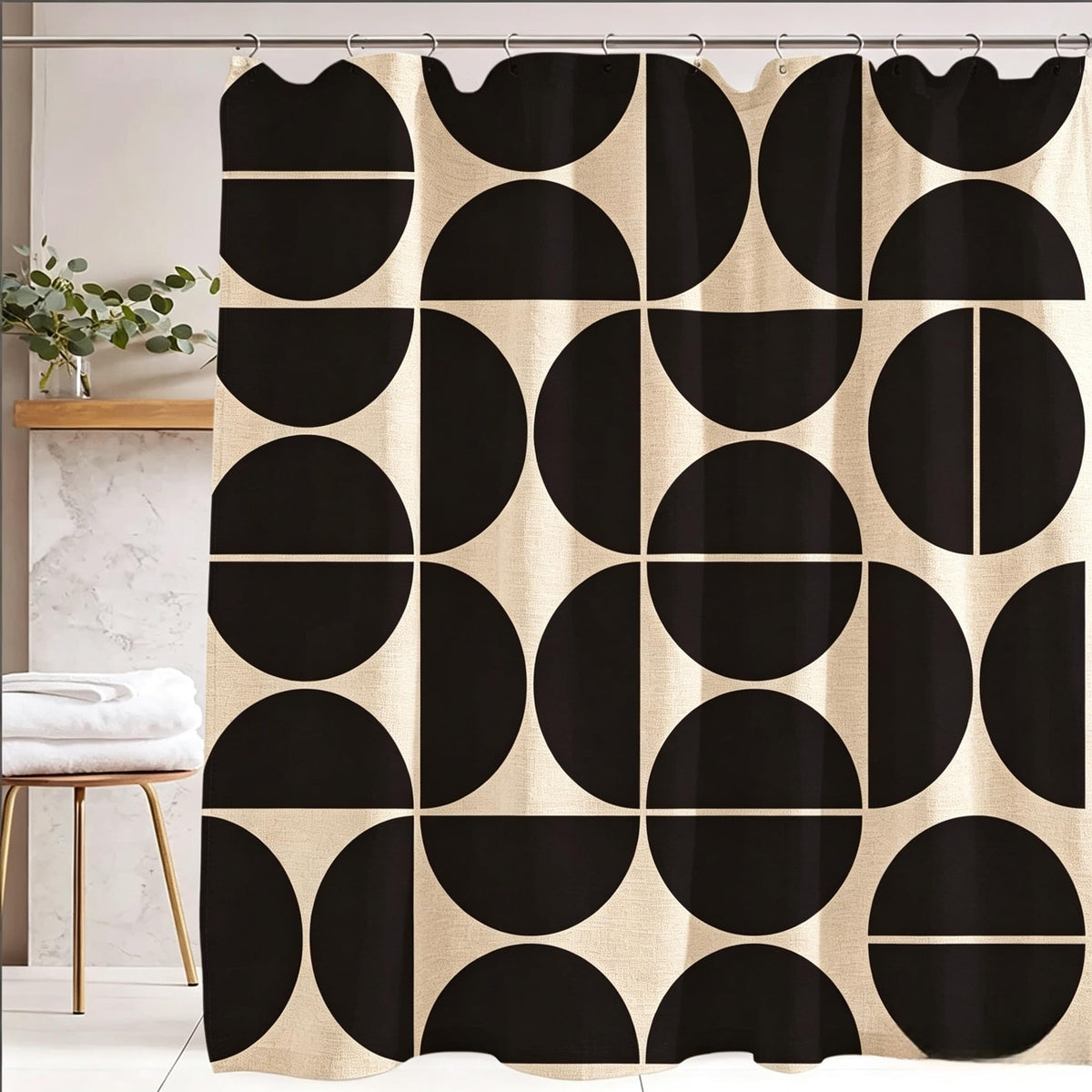 Black and White Geometric Linen Fabric Sets, Mid-Century Modern Abstract Art Bath Curtain Boho, 72 x 72 Inches