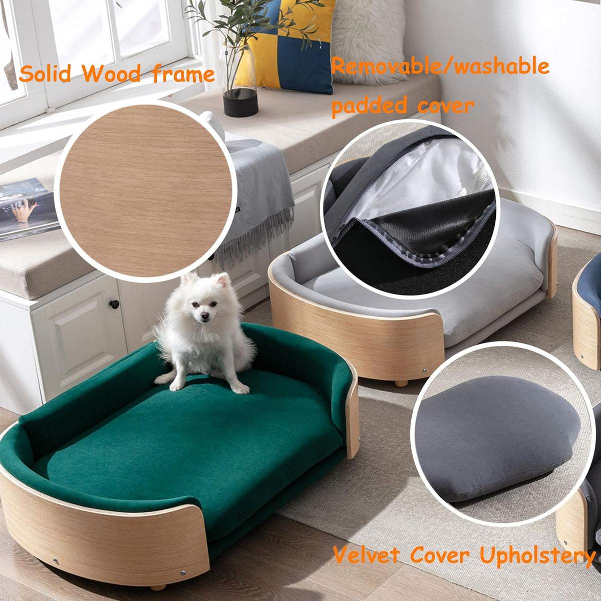 Elevated Dog Bed Pet Sofa with Solid Wood Legs and Bent Soft Backrest, Pet Cat Stool Bed with Velvet Cushion