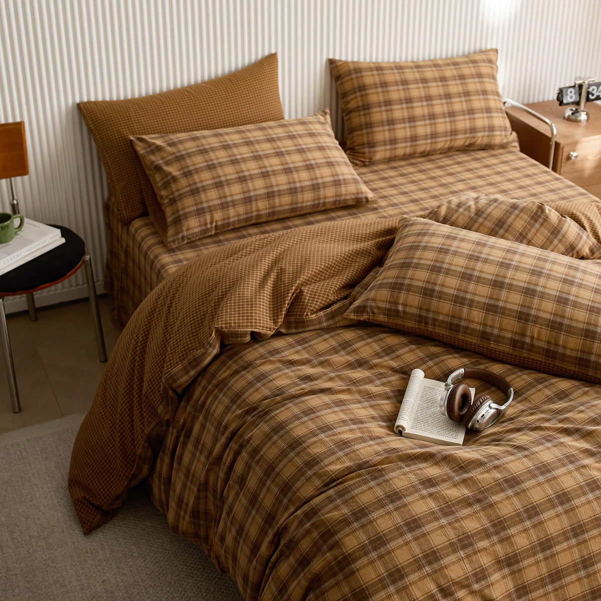 Vintage Style Mustard Yellow Plaid Duvet Cover Set, 100% Washed Cotton Retro Yellow&Brown Grid Checkered Bedding