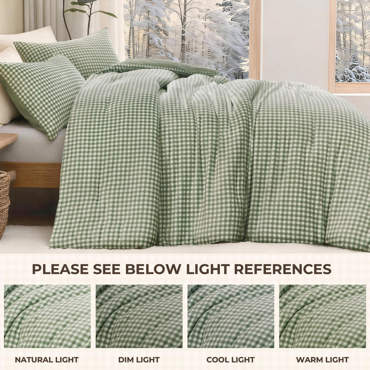 Velvet Flannel Gingham Comforter Set Full, 3 Pcs Sage Blanket