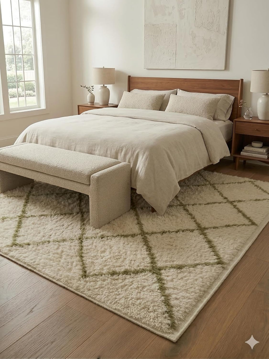 Handmade Moroccan Berber Area Rug 6' x 9', 100% Wool High Pile Shag, Beni Ourain Style, Ivory/Cream with Green