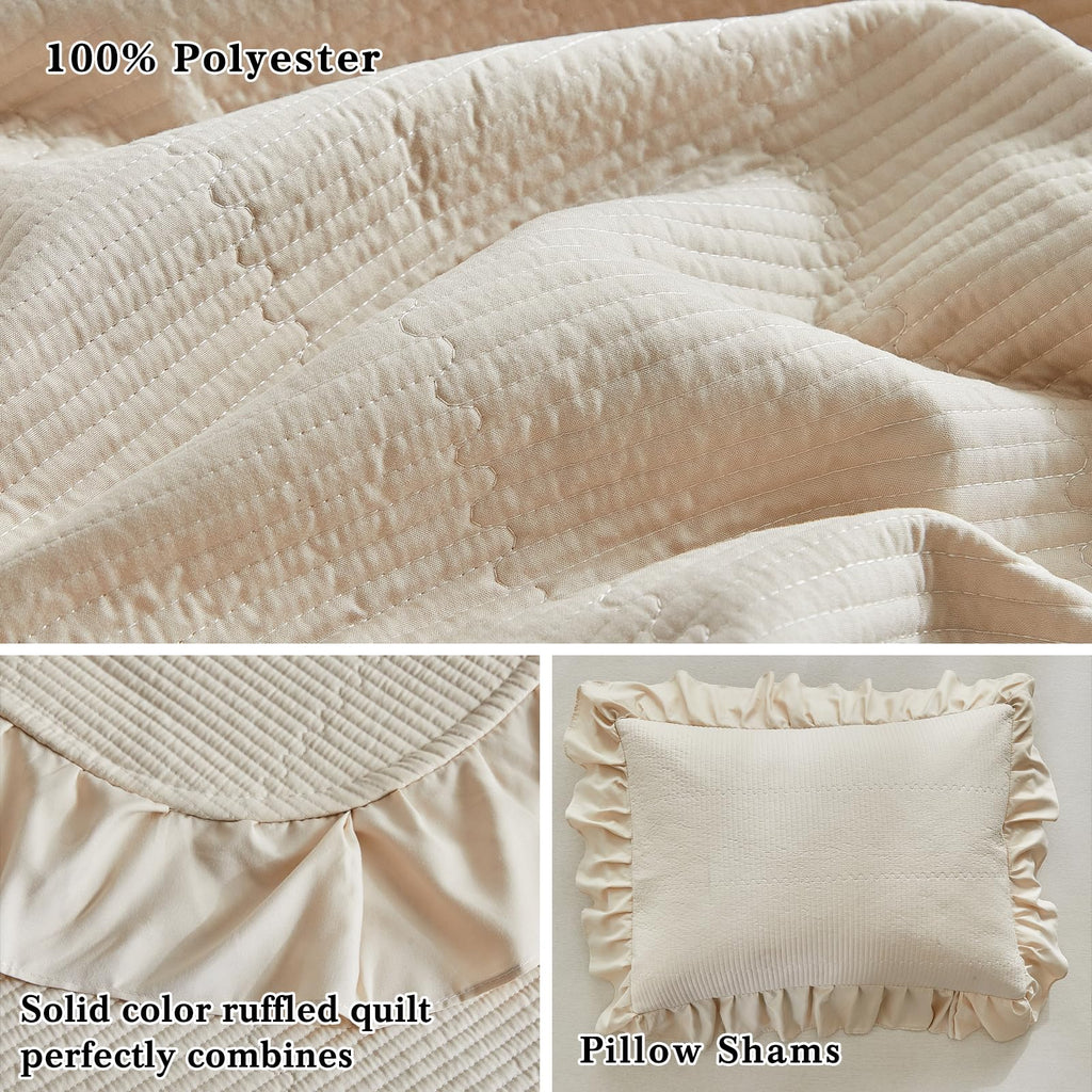 Beige Ruffle Quilt Set, 3 Pieces Shabby Chic Farmhouse Striped Bedspread Coverlet Set, Solid Lightweight