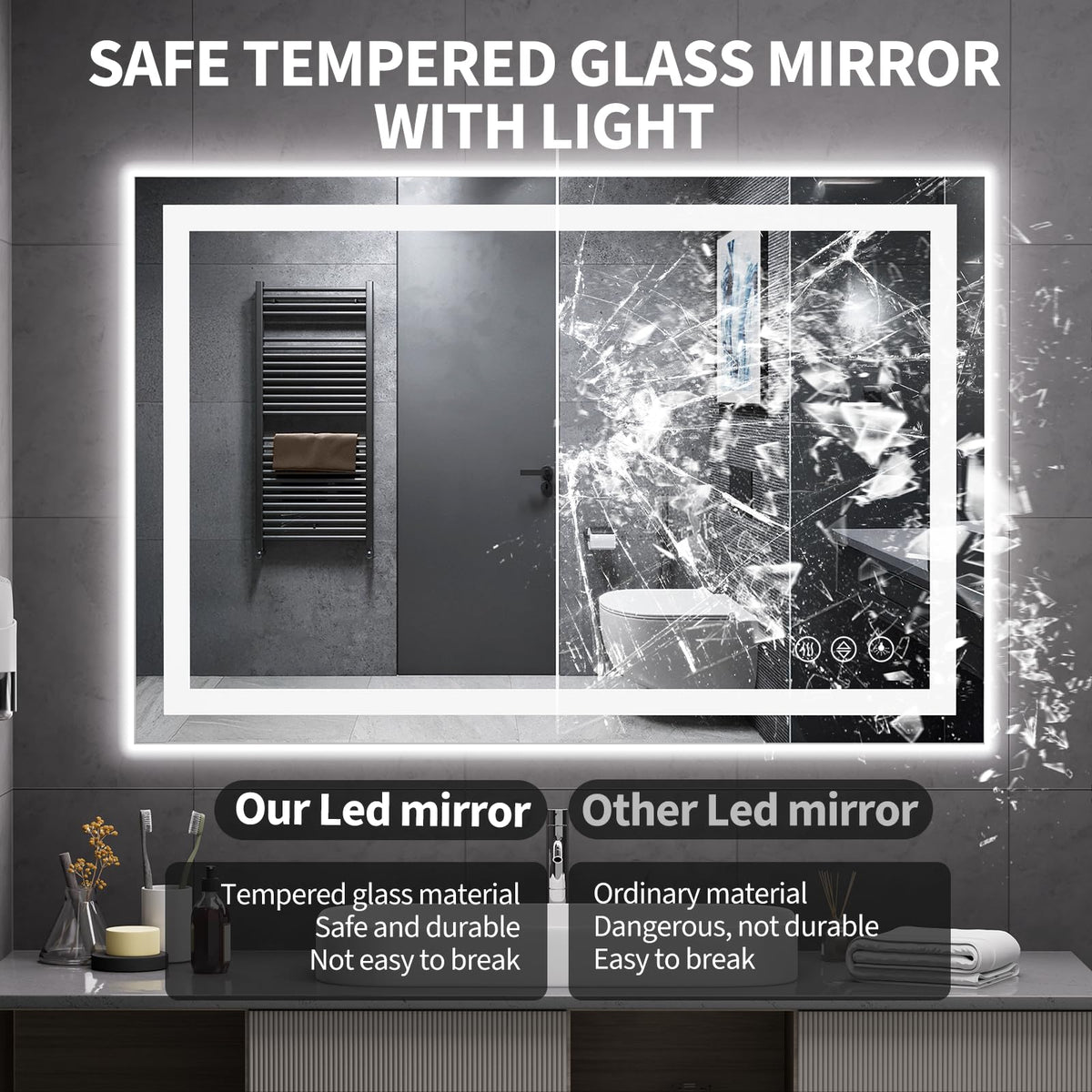 48x32 LED Bathroom Mirror with Light, Anti-Fog, 3 Colors