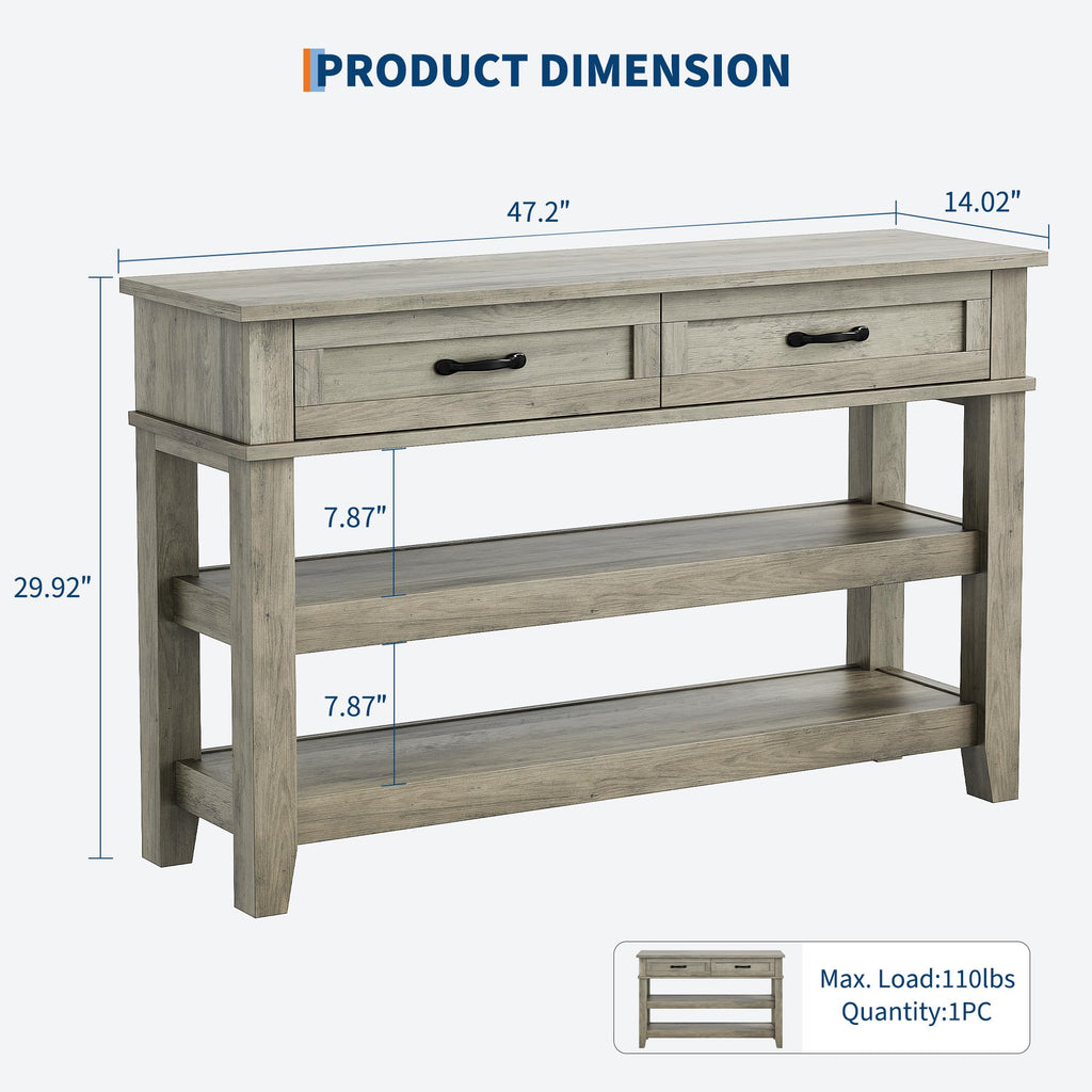 2 Drawers Entryway Table, Farmhouse Wooden Console Table, Grey