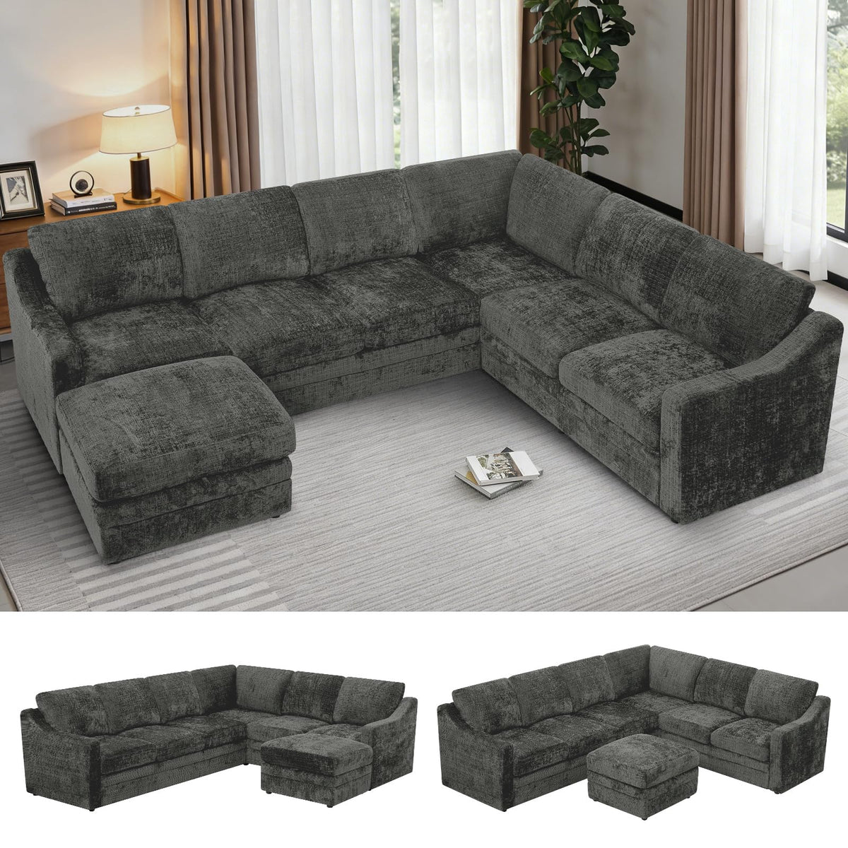 115 Inches Chenille Sectional Sofa with Storage Ottoman, Grey