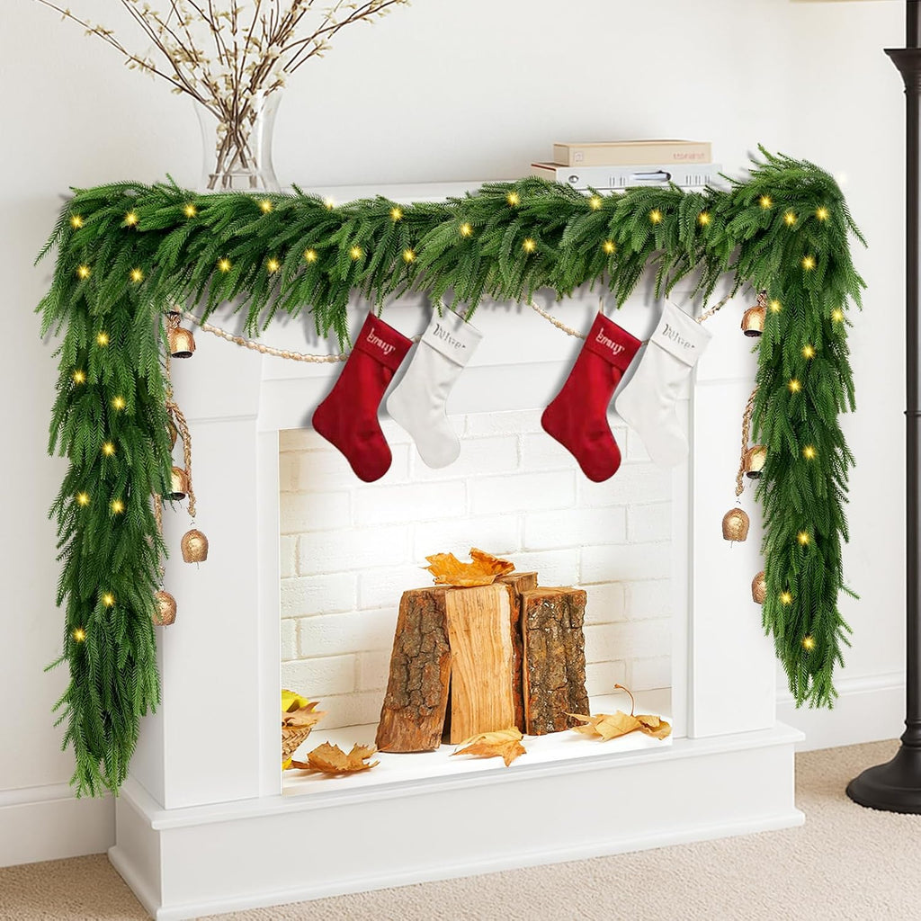 9 FT Artificial Norfolk Pine Garlands with Lights, Pre-Lit Christmas Garland, Real Touch Pine Artificial Faux