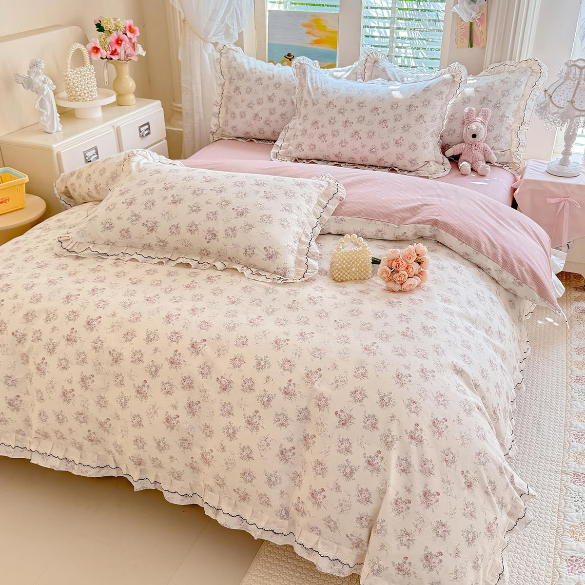 Vintage Floral Duvet Cover Set, Aesthetic Pink Flower Bedding Set with Romantic Ruffle, 100% Cotton Botanical