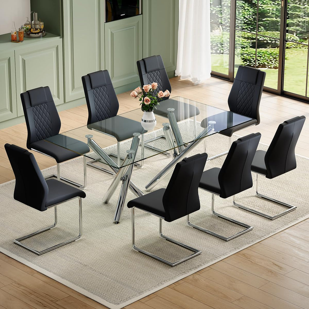 Glass Dining Table Set for 8, 71" Modern Dining Table Set for 8