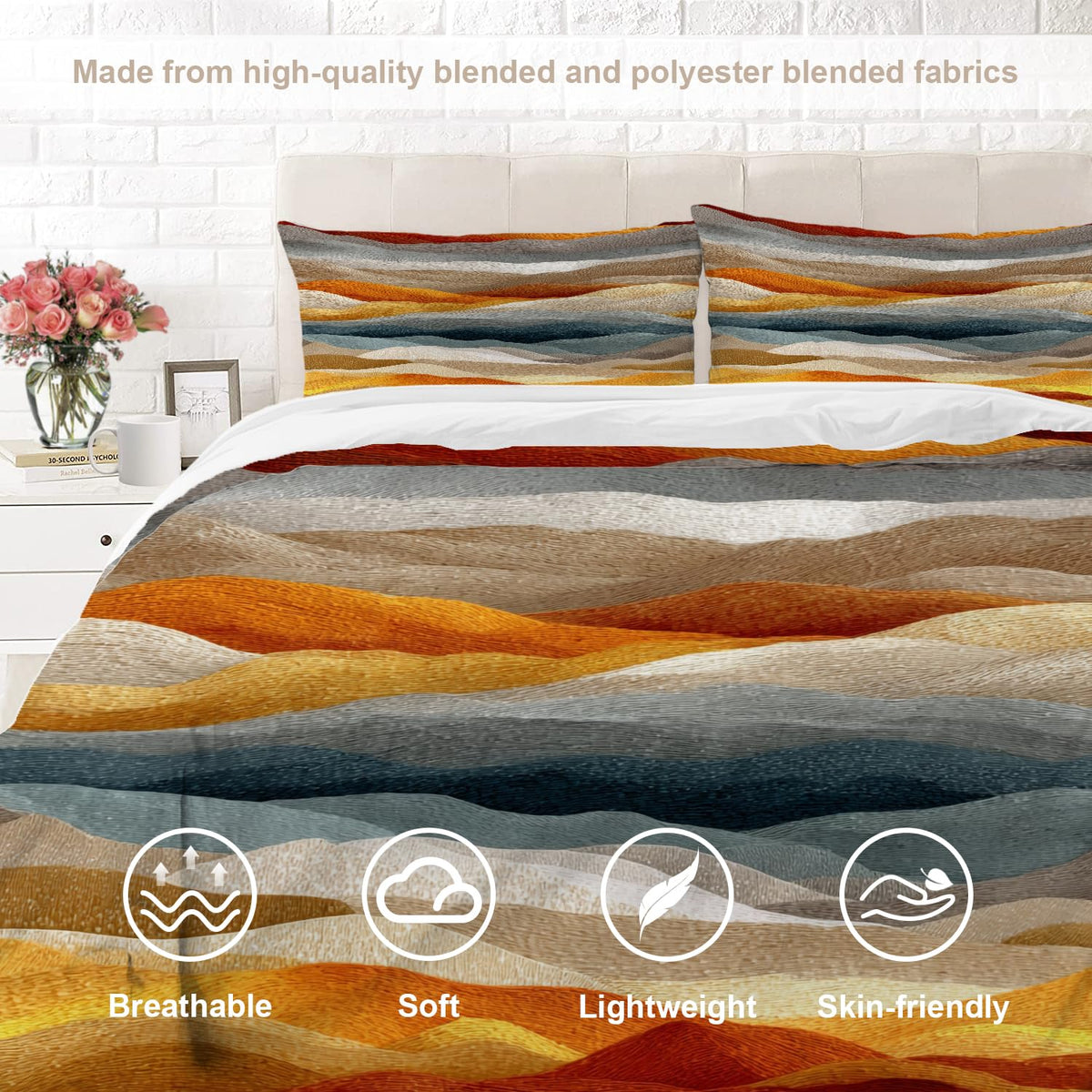 Horizontal Ochre Bands Duvet Cover Set, 3 Pieces Colorful Wave Like Landscape 100% Cotton Bedding Sets