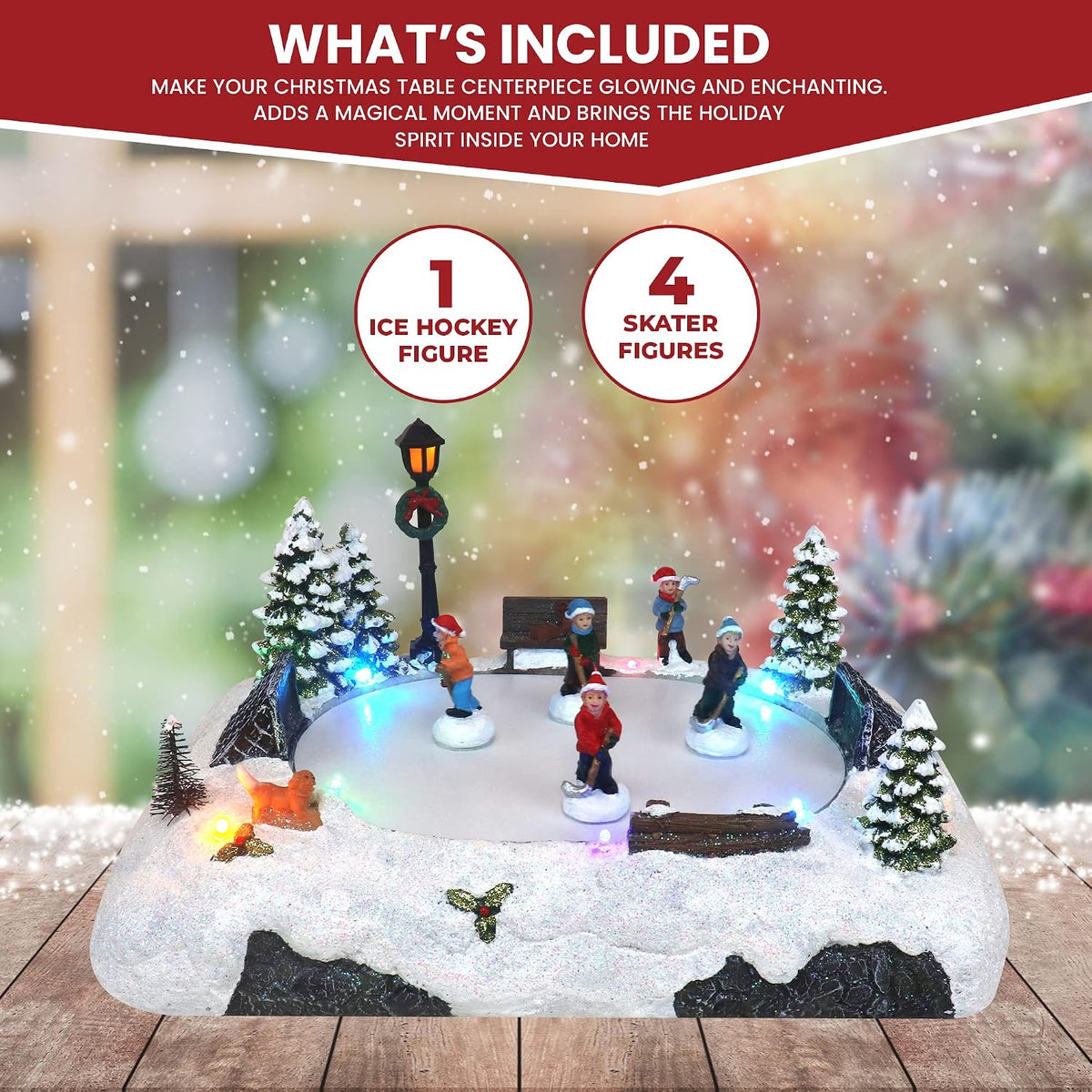 Christmas Village Tabletop Hockey Skating Rink - Animated Musical Pre-lit Winter Snow Village - Perfect Addition to