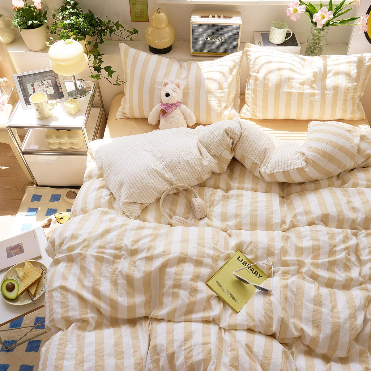 Boho Beige Striped Duvet Cover Soft Washed Microfiber 3-Piece