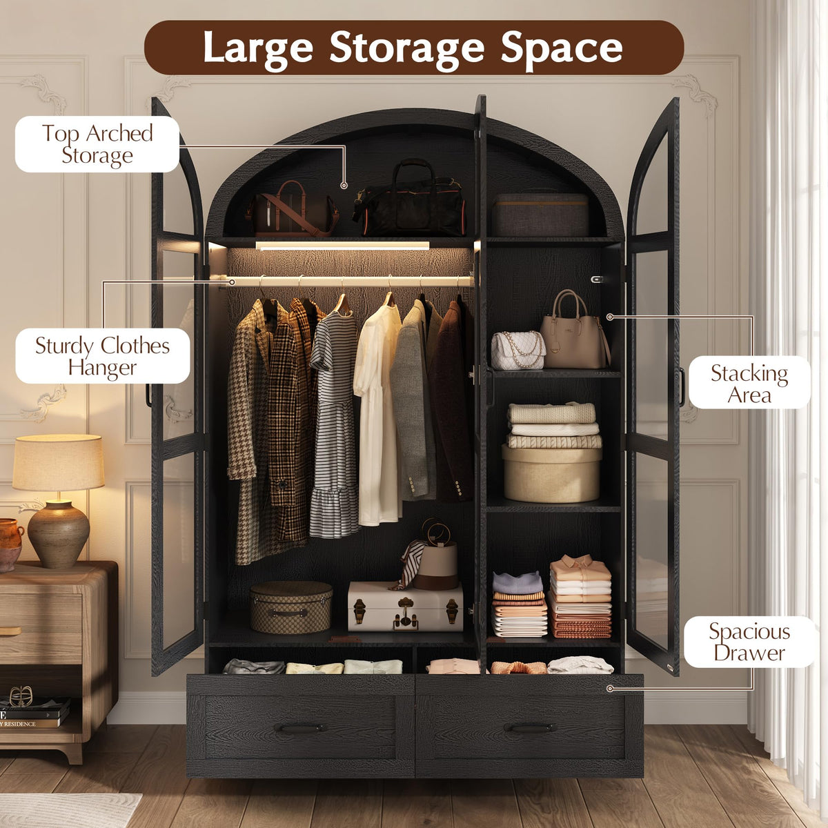 75"Arched Wardrobe Closet with 3 Doors, Bedroom Armoire with LED & Drawers