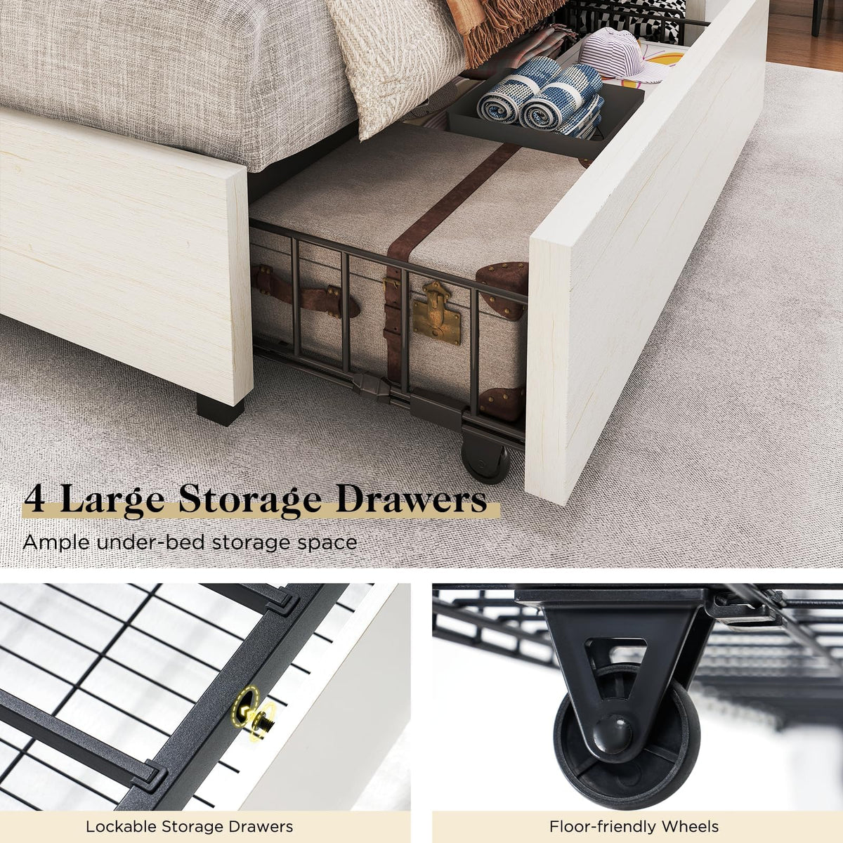 Bed Frame with Headboard & Charging Station, Rustic White