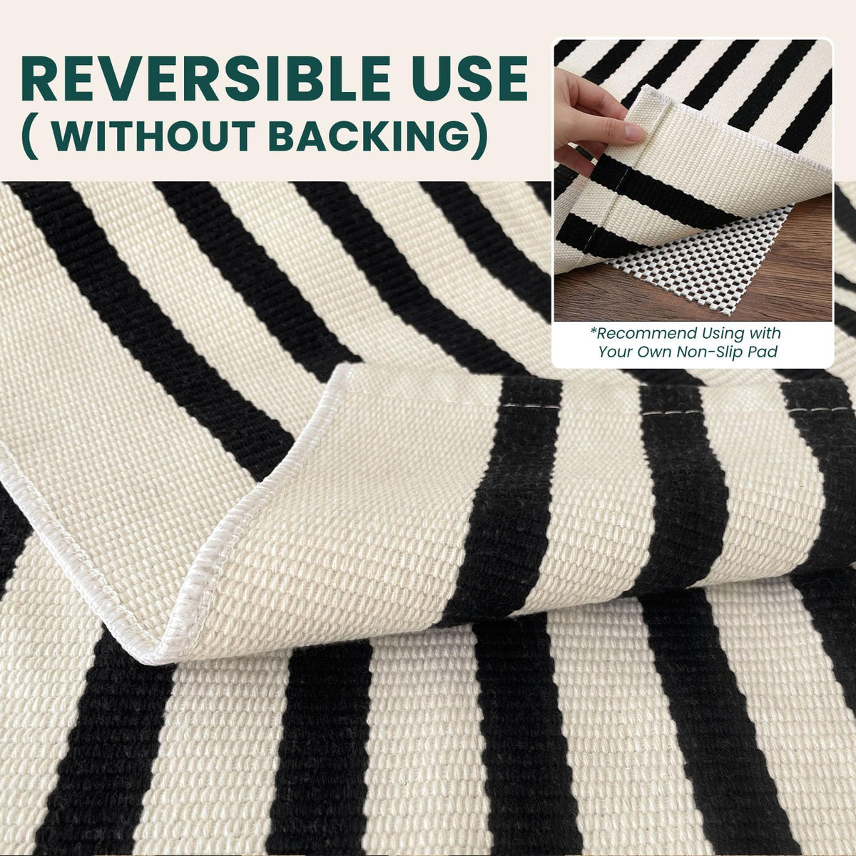 3'x5' Cotton Area Rug, Black and Beige Striped Outdoor Rug, Hand-Woven, Machine Washable, Perfect for Front Door