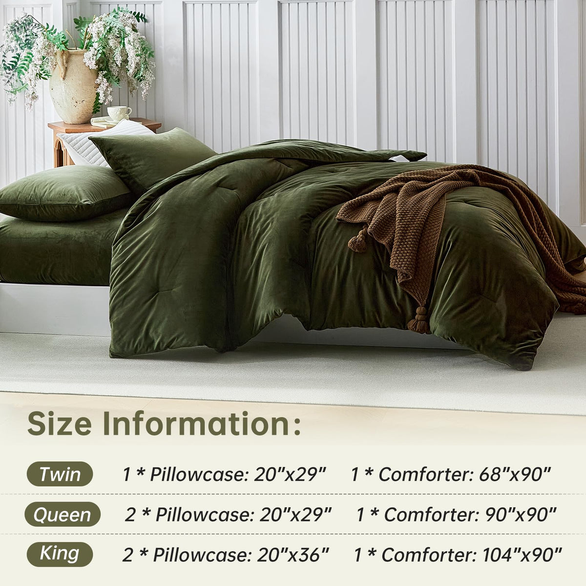 Velvet Comforter Set, Luxury Olive Green Soft Lightweight 3‐Piece