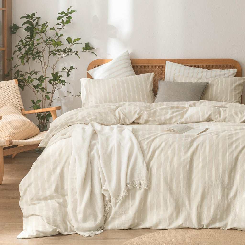 Striped Cotton Duvet Cover Set Linen Feel Super