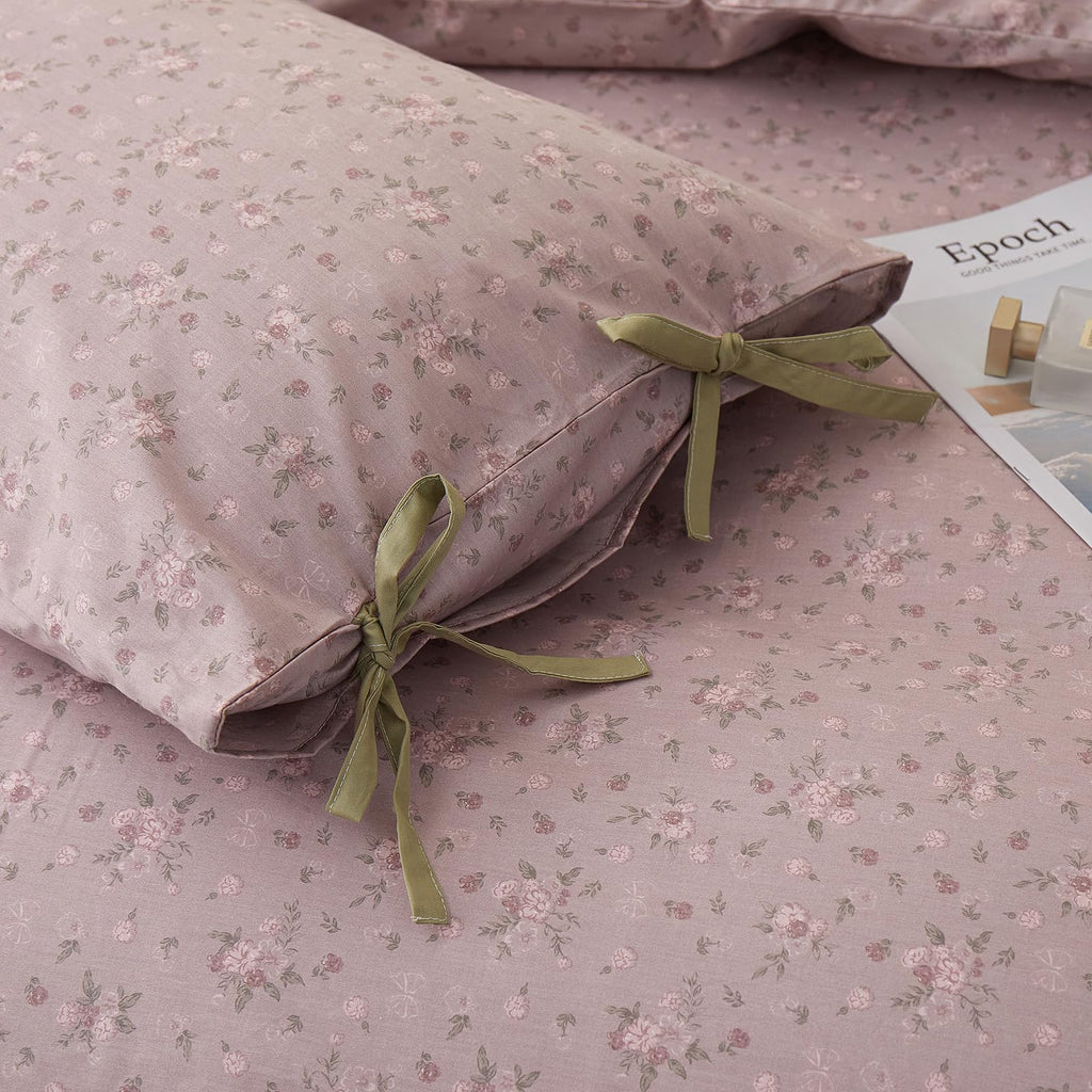 Boho Comforter Set King Size Floral Bedding Sets Soft Cotton Farmhouse Mauve Flower Comforters Fluffy with 2 Bowknot