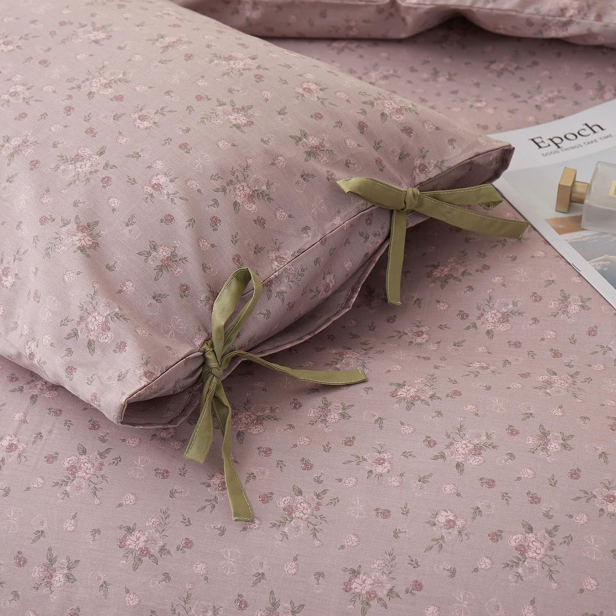 Boho Comforter Set King Size Floral Bedding Sets Soft Cotton Farmhouse Mauve Flower Comforters Fluffy with 2 Bowknot