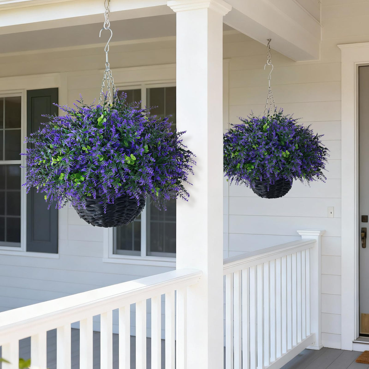 2 Set Artificial Eucalyptus & Lavender Hanging Basket for Front Porch Decor